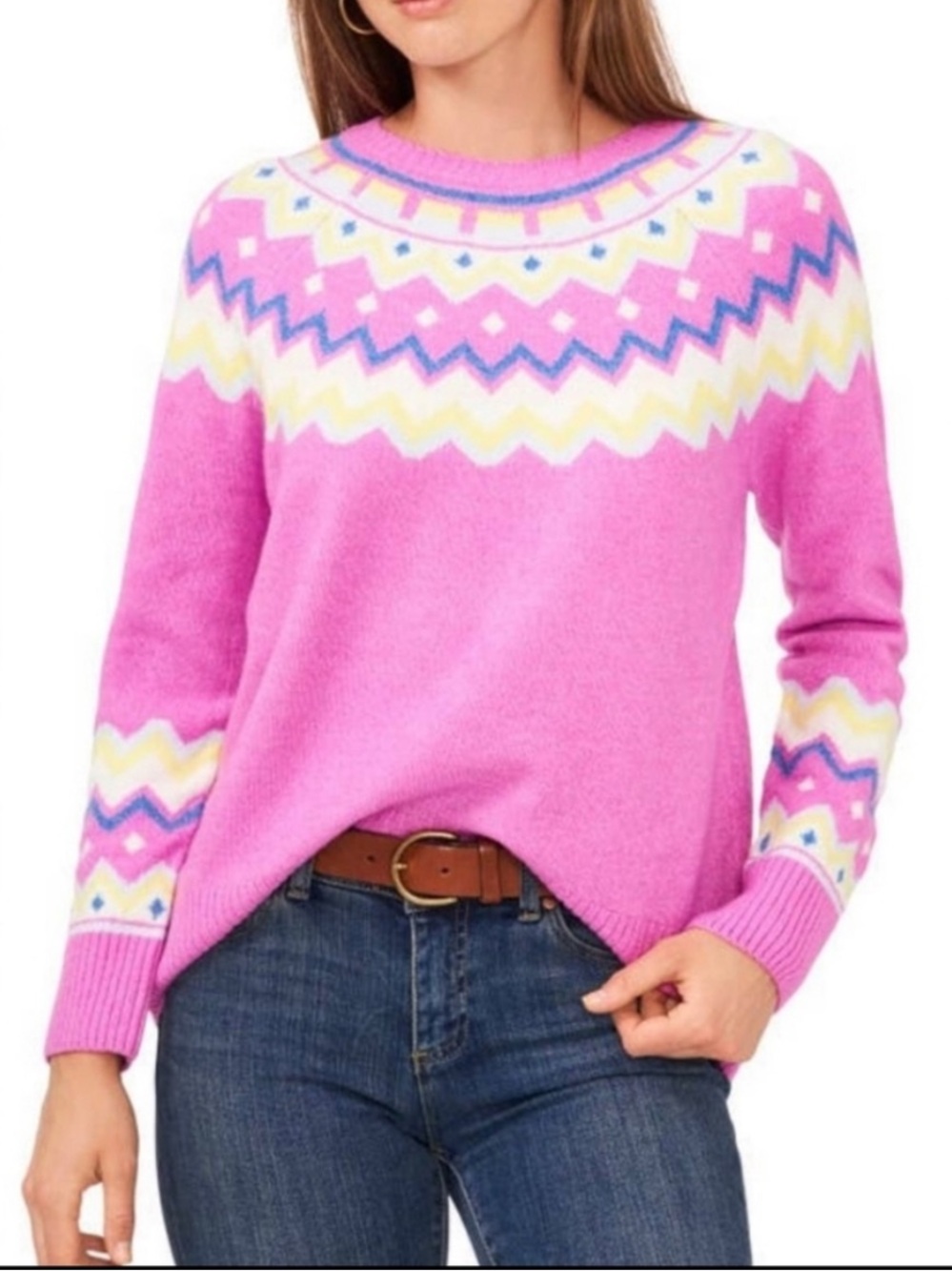 Vince Camuto Fair Isle Crewneck Sweater Soft Knit Pink M